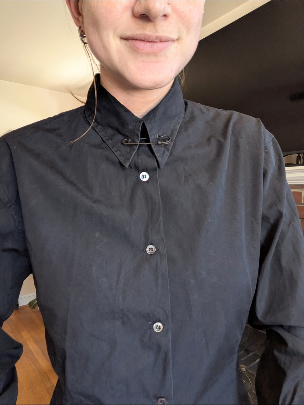 1980s Junior Gaultier Black Button Up With Safety Pin Collar And French Cuffs